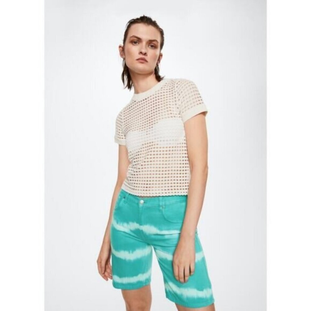 Mango Straight Low Waist Denim Short Womens Size XXS Turquoise Tie-Dye